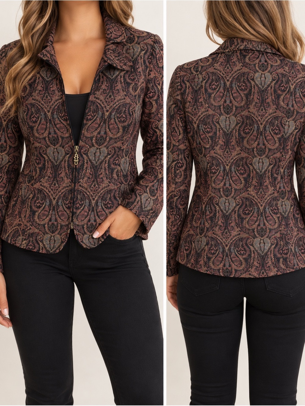 Christopher & Banks Petite Medium Paisley Jacquard Tapestry Zip Jacket